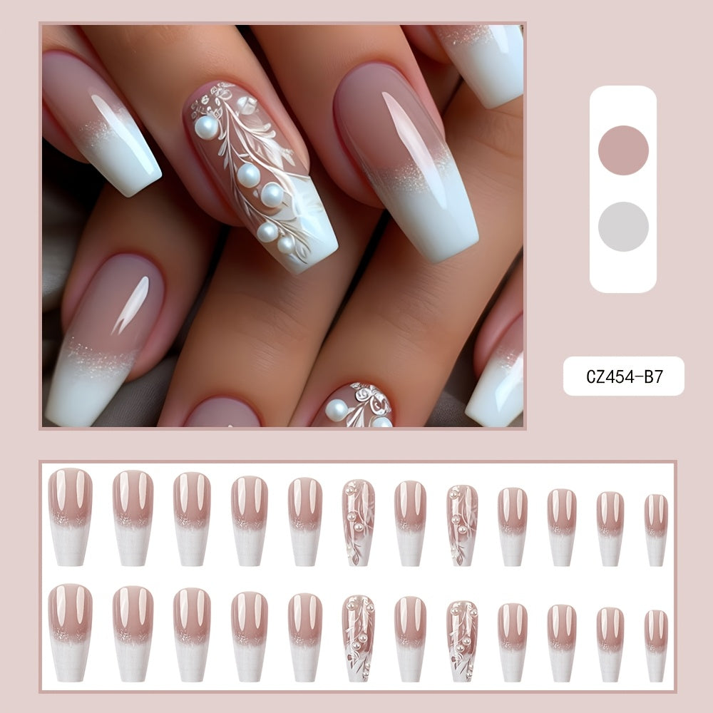 24pcs Glossy Ladder-Shaped Press-On Nails, Pink and White Gradient with Rhinestones, Reusable Ballet-Shape Long Fake Nails for Women