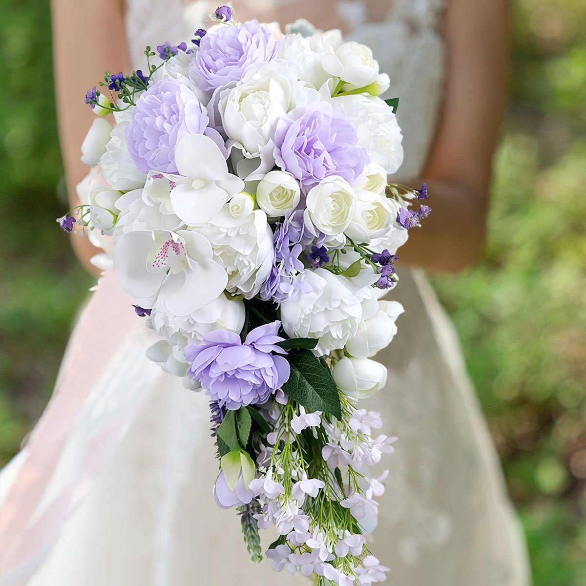 18" Elegant White & Purple Phalaenopsis Bridal Bouquet - Rustic Waterfall Cascading Artificial Flowers with Hydrangeas, Roses & Baby’s Breath for Weddings and Engagements, Wedding Bouquets for Bride