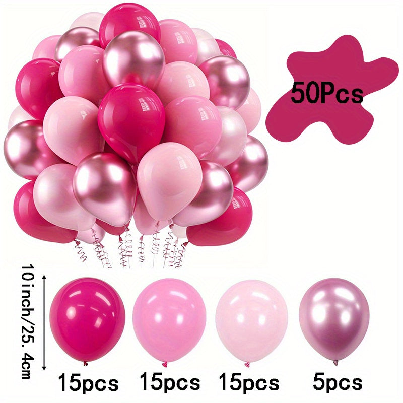 50pcs/Set Metallic Pink Hot Pink Maca Pink Latex Balloons Kit -  Metallic Finish, Assorted Pink Shades - For Birthday, Wedding, Baby Shower, Anniversary, Graduation, Princess Theme Parties - Perfect for Party Decorations