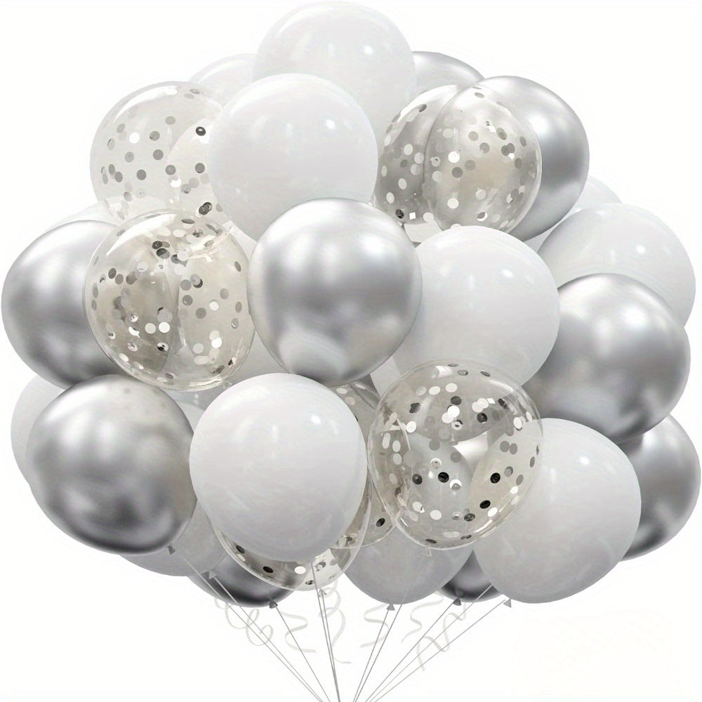 50pcs White And Silvery Balloons - Matte White Metallic Silvery 12 Inch Confetti Latex Balloons - For Birthday Party, Baby Shower, Wedding, Engagement, Anniversary, Prom Decorations - Perfect Gift for Party Planners & Event D