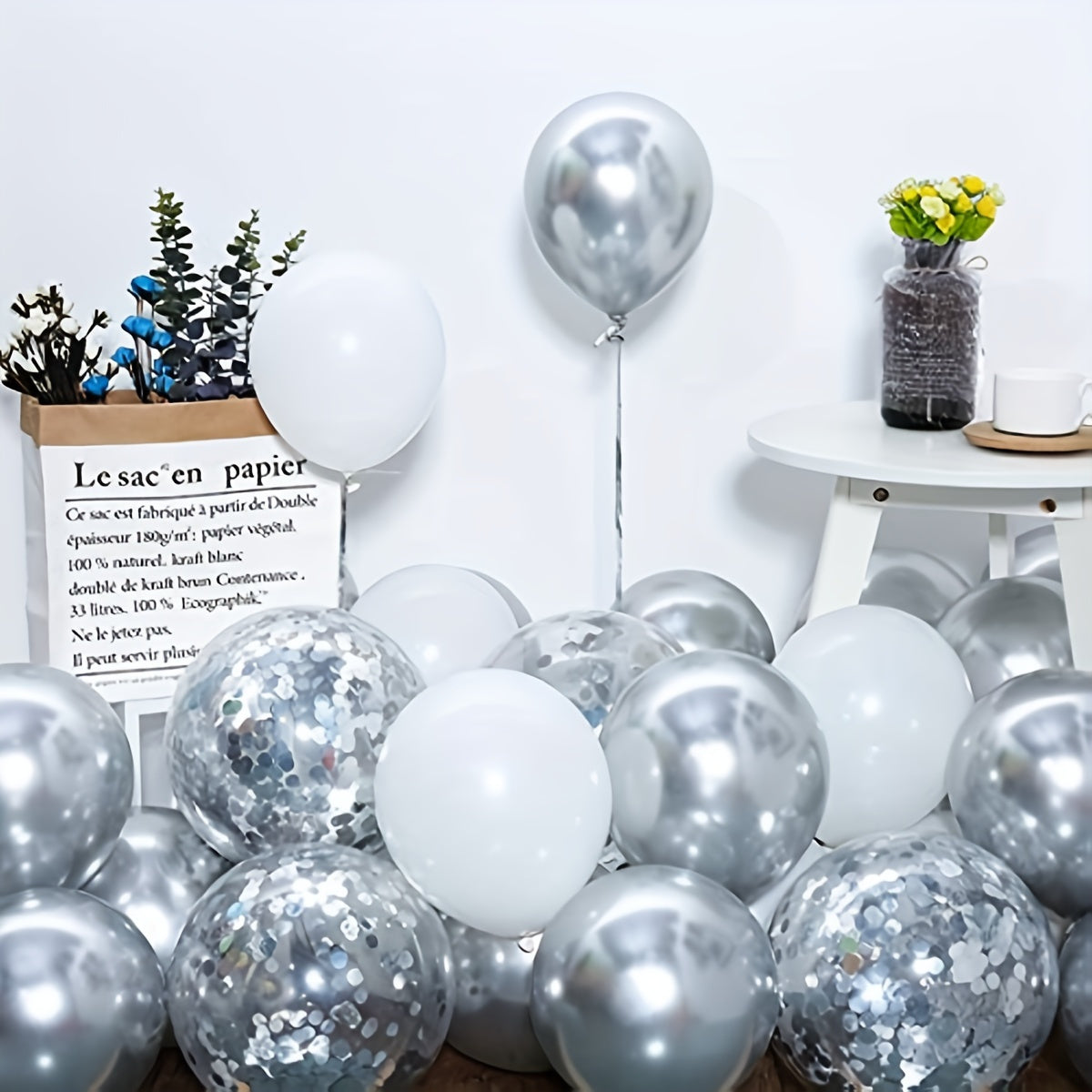 50pcs White And Silvery Balloons - Matte White Metallic Silvery 12 Inch Confetti Latex Balloons - For Birthday Party, Baby Shower, Wedding, Engagement, Anniversary, Prom Decorations - Perfect Gift for Party Planners & Event D