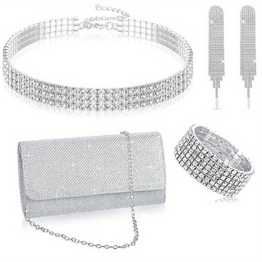 Water Choker Necklace With Tassel Earrings, Elastic Bracelet, And Evening Clutch Bag