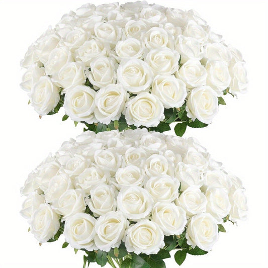 [24pcs Realistic Silk Roses] 24pcs Silk White Roses Artificial Flowers, Realistic Fake Silk Roses, for Wedding Centerpieces, Home Decor Floral Arrangements