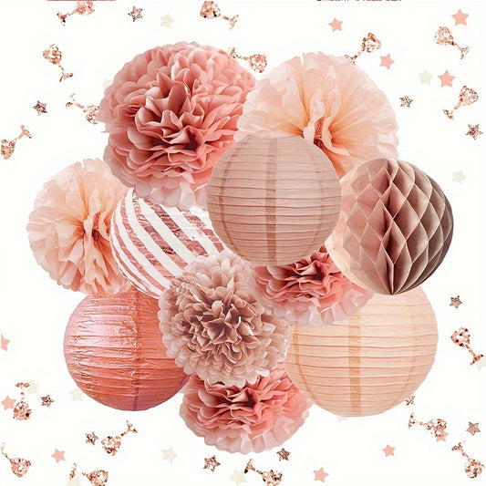 11pcs Rose Golden Paper Ball Lanterns for Party Decoration, Easter, and Halloween Gifts