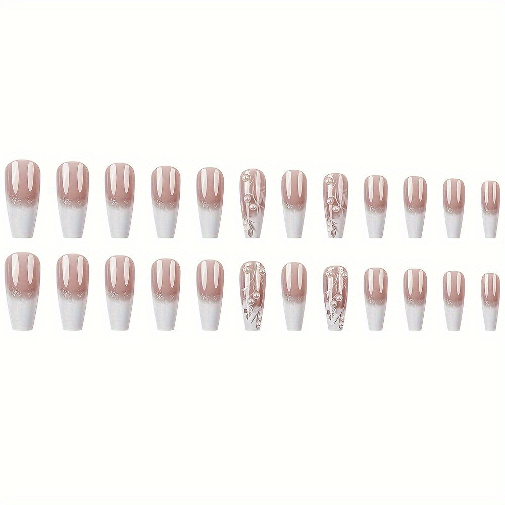 24pcs Pink Gradient Coffin Press-On Nails with Floral Design & Rhinestones - Glossy Long Ballet Shape, Full Cover Fake Nails for Women and Girls