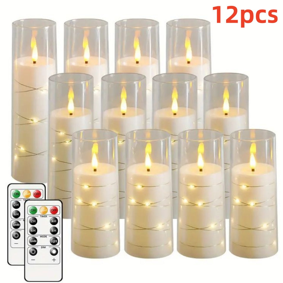 9/12 Flickering Flameless LED Electronic Candles Embedded Star String Lights Acrylic LED Pillar Candle with Remote Control Suitable for Home Decoration Halloween Christmas Decoration to create an ambience Christmas Gifts Vale