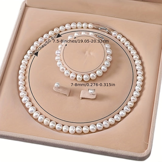 Freshwater Cultured Pearl Necklace Set Includes Stunning Bracelet and Stud Earrings Jewelry Set for Women