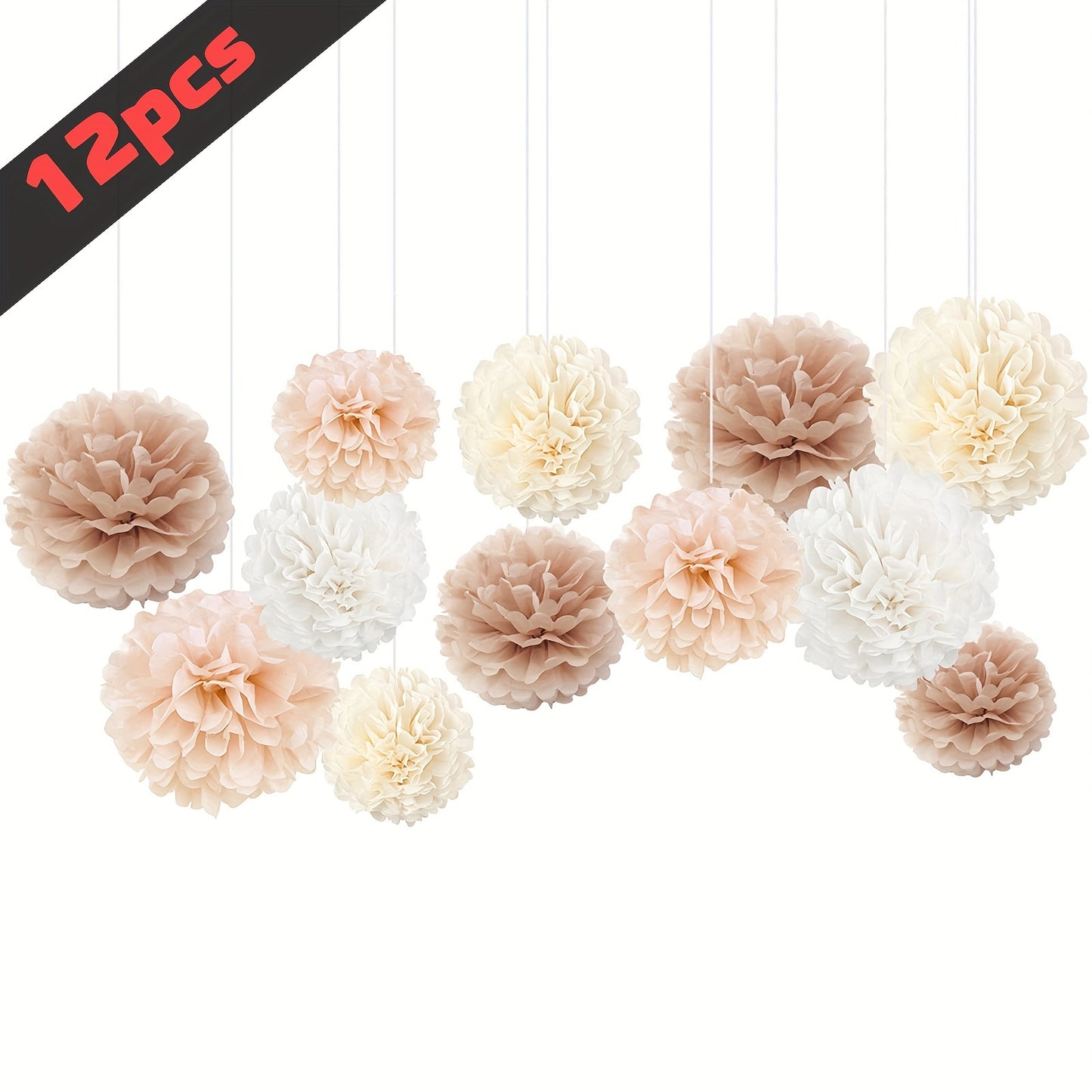 12pcs Champagne Tissue Paper Poms, Creamy White Paper Flowers For Engagement Receptions, Bachelorette, Birthday, Boho Bridal Showers Party Supplies Easter gift halloween and christmas gift