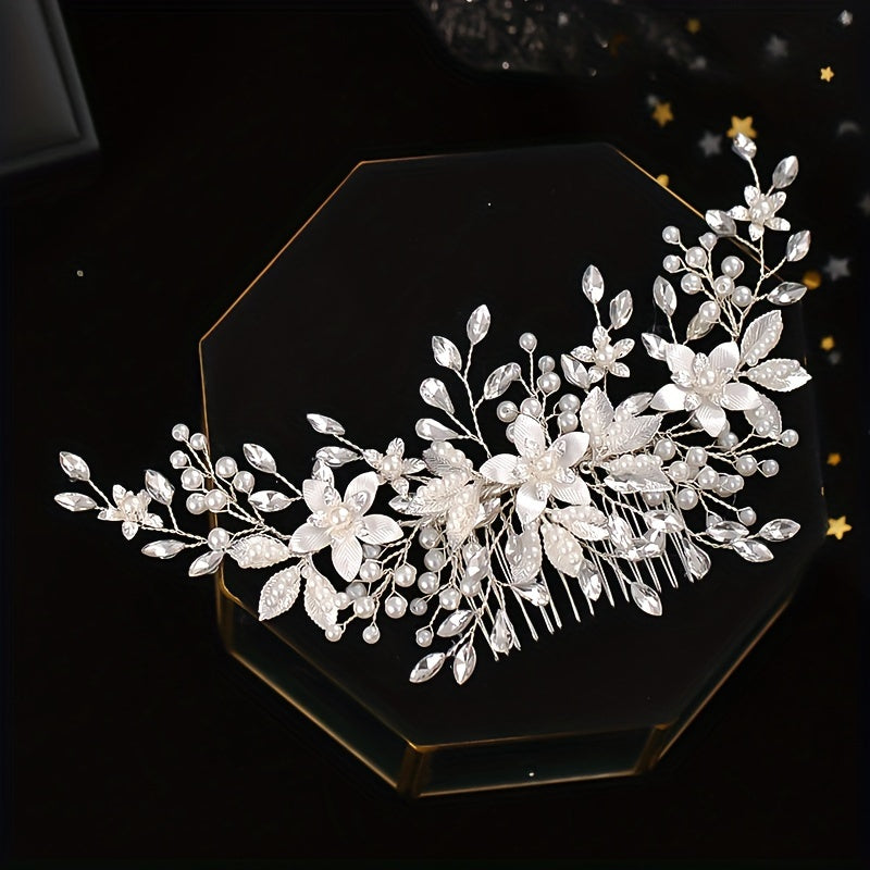 1PC Elegant Bridal Rhinestone and Floral Hair Comb