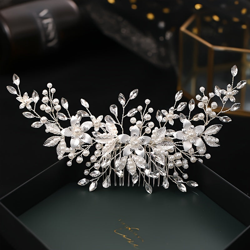 1PC Elegant Bridal Rhinestone and Floral Hair Comb