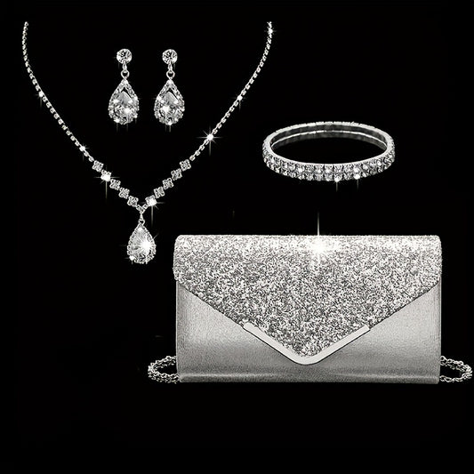 [Sparkling Rhinestone Jewelry Set] 4pcs Set: Elegant Sparkling Rhinestone Clutch, Chain Shoulder Bag, Necklace & Earrings - Golden/Silvery