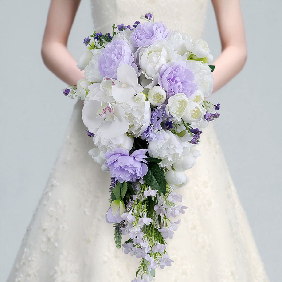 18" Elegant White & Purple Phalaenopsis Bridal Bouquet - Rustic Waterfall Cascading Artificial Flowers with Hydrangeas, Roses & Baby’s Breath for Weddings and Engagements, Wedding Bouquets for Bride