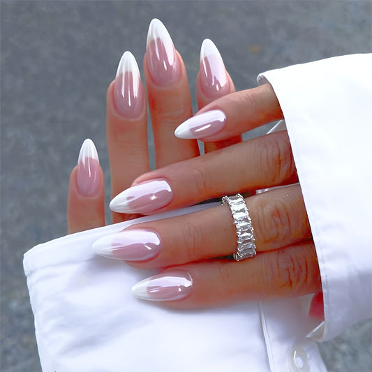 24pcs/set White French Tip Press On Nails Medium Almond Aurora Fake Nails Simple Style Acrylic False Nails Glue On Nails For Women And Girls