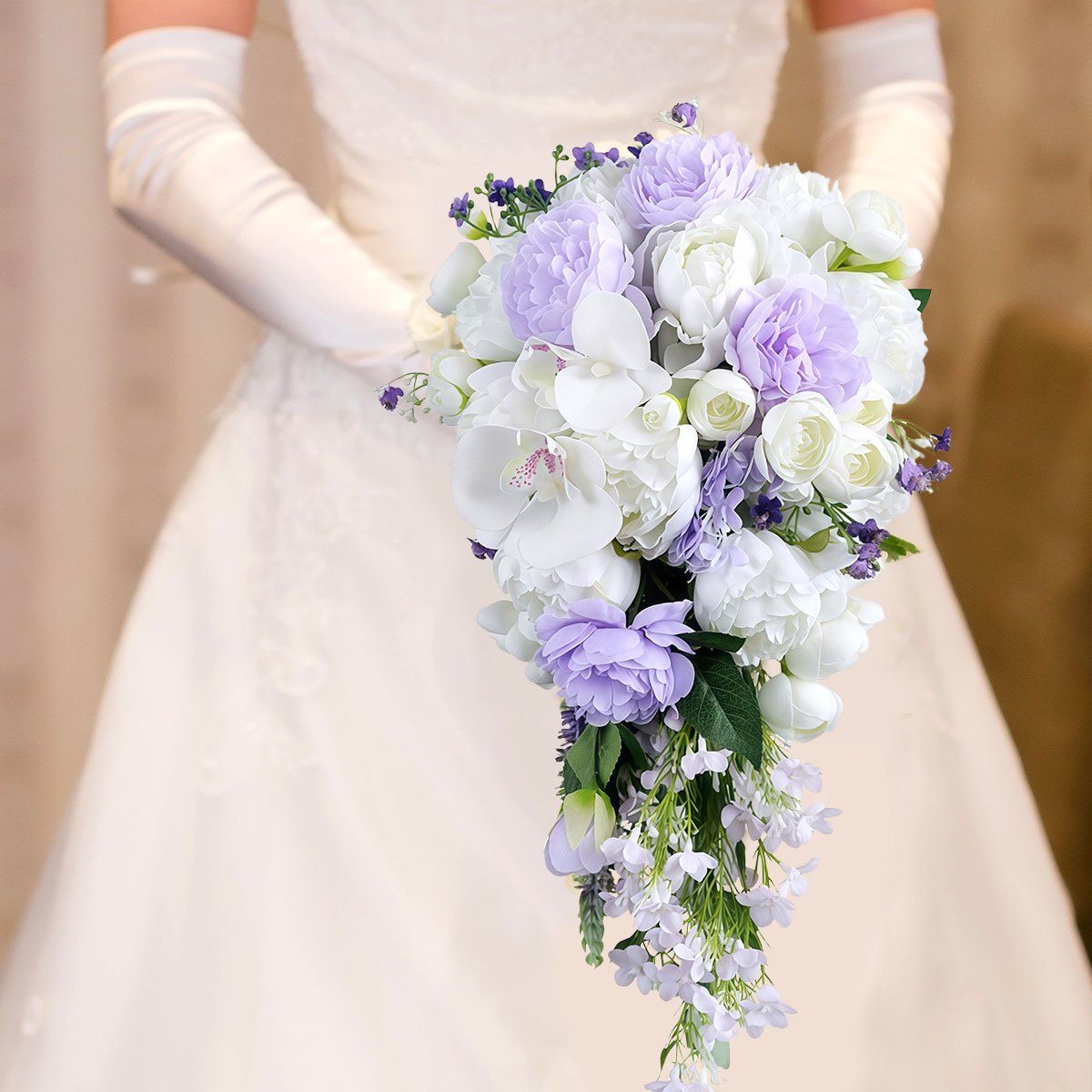 18" Elegant White & Purple Phalaenopsis Bridal Bouquet - Rustic Waterfall Cascading Artificial Flowers with Hydrangeas, Roses & Baby’s Breath for Weddings and Engagements, Wedding Bouquets for Bride