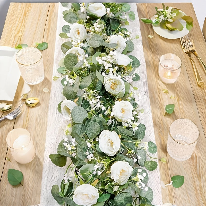 70-Inch Deluxe Artificial Garland with Roses, Peonies & Greenery - 1pc Versatile Plastic Centerpiece for Home, Wedding, Party, Anniversary & Holiday Decor - Indoor/Outdoor, Easy to Shape & Reuse, No Power Needed