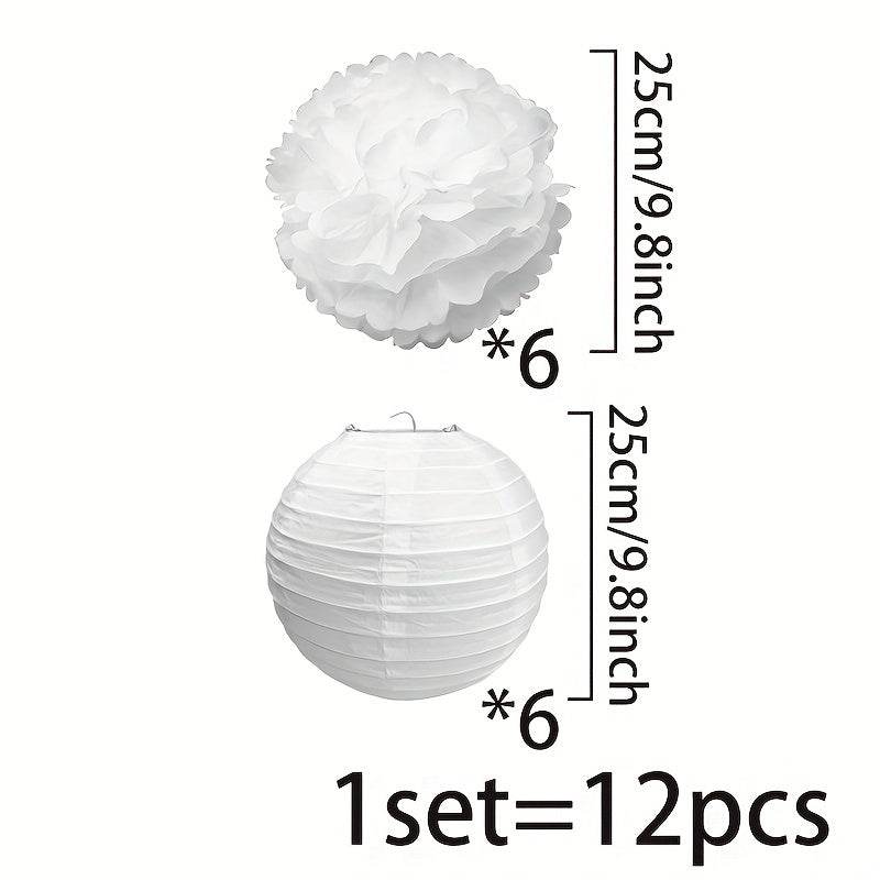 [12pcs White Wedding Lantern Set] 12pcs-White Wedding Decoration White Lantern Flower Ball 9.8inch Wedding Decoration Lantern Flower Ball Set 6 Lanterns 6 Flower Balls Decorate a Different Wedding Room