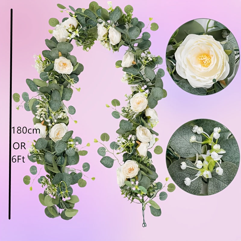 70-Inch Deluxe Artificial Garland with Roses, Peonies & Greenery - 1pc Versatile Plastic Centerpiece for Home, Wedding, Party, Anniversary & Holiday Decor - Indoor/Outdoor, Easy to Shape & Reuse, No Power Needed