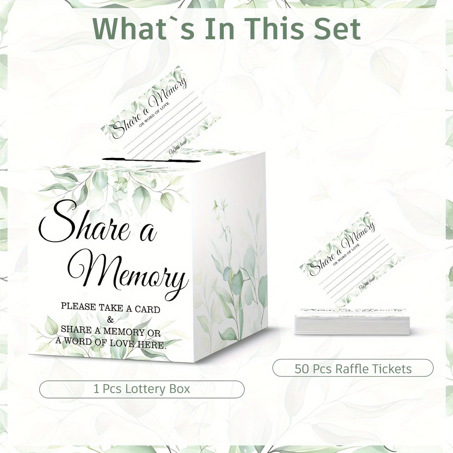 51-Piece Green Eucalyptus Leaf Memory Sharing Card Box Set - Versatile Paper Decoration for Life Milestones, Wedding, Bridal Shower, Birthday, Anniversary, Retirement Party Supplies, Guest Memory Card Box for Funeral, Graduat