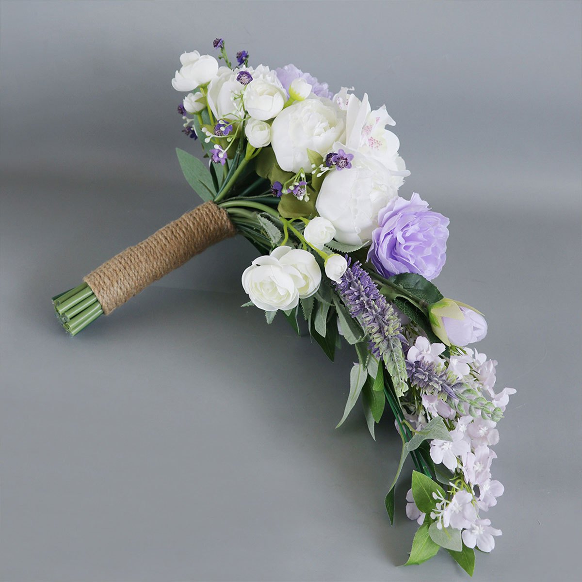 18" Elegant White & Purple Phalaenopsis Bridal Bouquet - Rustic Waterfall Cascading Artificial Flowers with Hydrangeas, Roses & Baby’s Breath for Weddings and Engagements, Wedding Bouquets for Bride