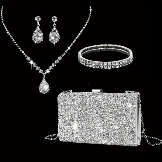 Women's Fashion Elegant Luxury Rhinestone Decor Evening Bag Clutch Bag Chain Shoulder Bag Earrings Necklace Bracelet Set