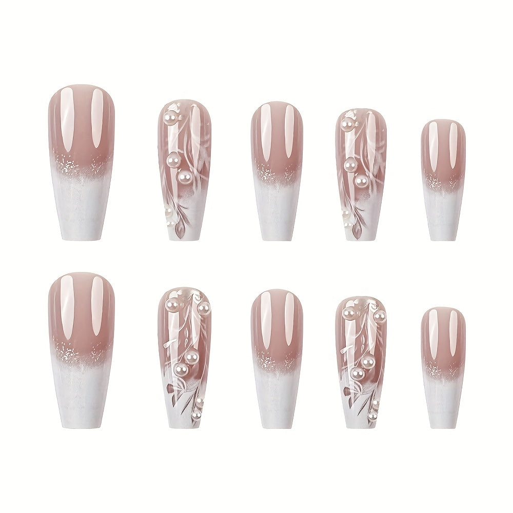 24pcs Glossy Ladder-Shaped Press-On Nails, Pink and White Gradient with Rhinestones, Reusable Ballet-Shape Long Fake Nails for Women