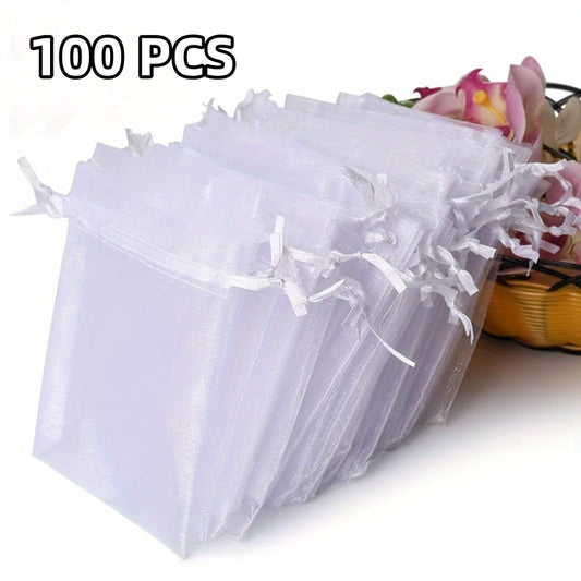 [100pcs Drawstring Organza Gift Bags] 100pcs Organza Gift Bags, Transparent Pouches, with Drawstring for Wedding Favors, Jewelry, Candy, Party, Decoration