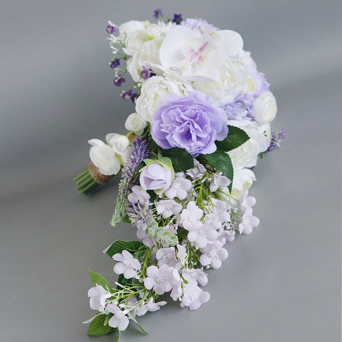 18" Elegant White & Purple Phalaenopsis Bridal Bouquet - Rustic Waterfall Cascading Artificial Flowers with Hydrangeas, Roses & Baby’s Breath for Weddings and Engagements, Wedding Bouquets for Bride