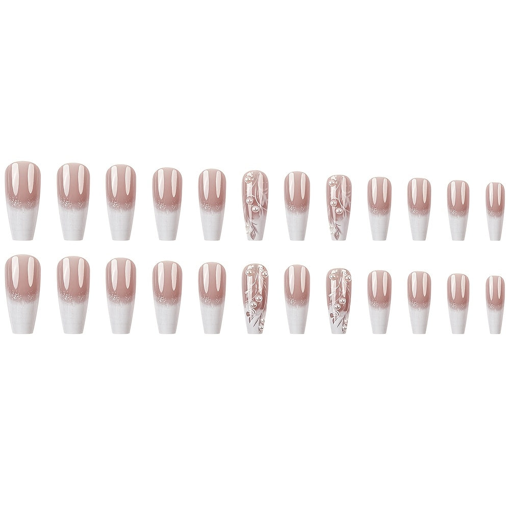 24pcs Glossy Ladder-Shaped Press-On Nails, Pink and White Gradient with Rhinestones, Reusable Ballet-Shape Long Fake Nails for Women