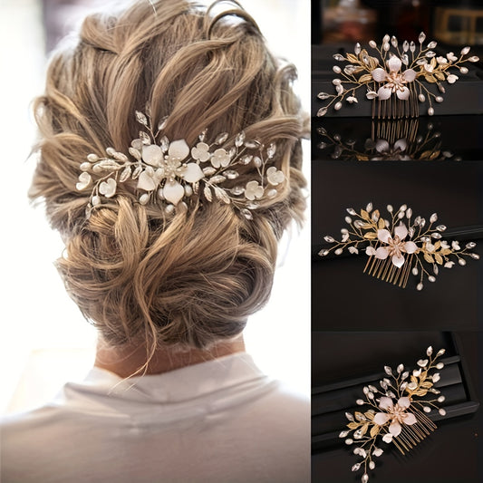 [White Floral Crystal Bridal Comb] Elegant Bridal Hair Comb with Crystal & Pearl Accents - White Floral Rhinestone Tiara for Weddings and Parties