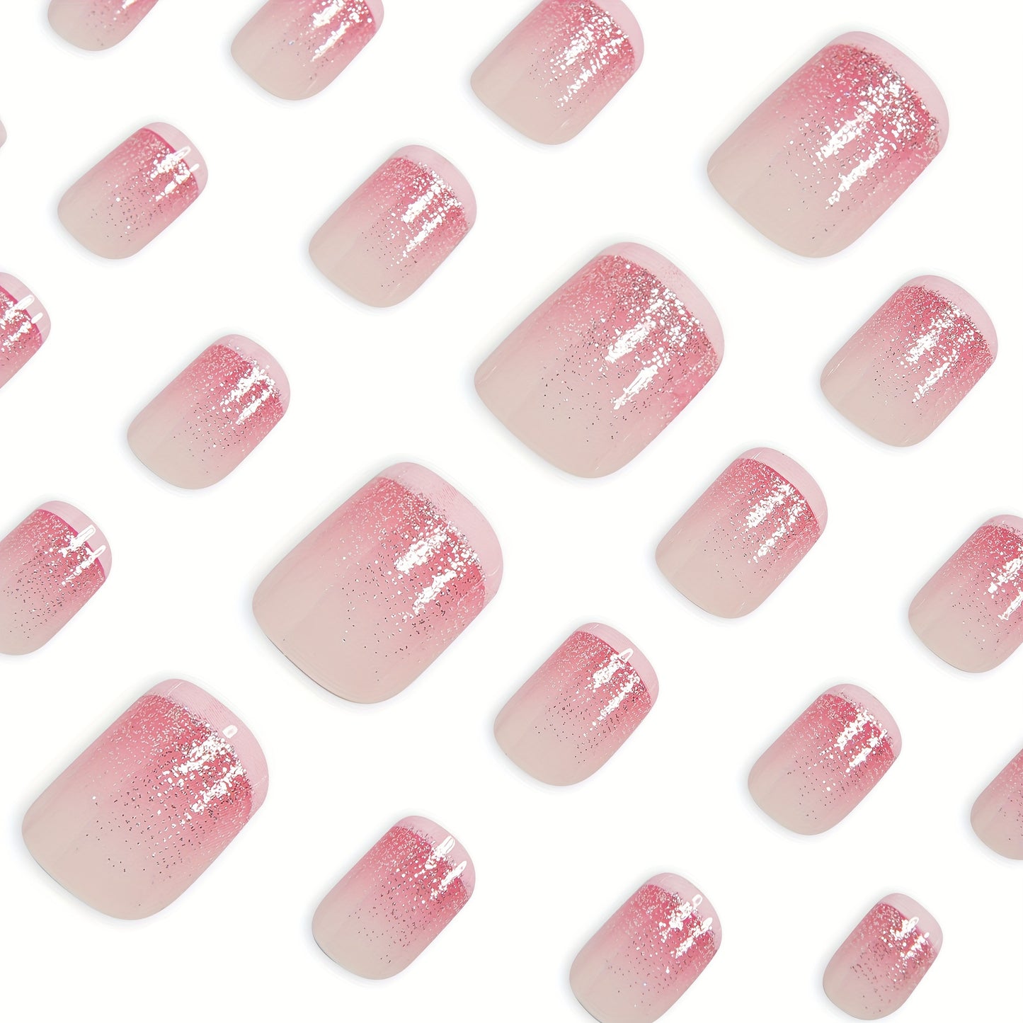 White French Gradient Nails 24pcs Per Box Short Square Nail Press-On Nail Simple White French Pink Gradient Glitter Wearable Nail Temperament Whitening Artificial Nail Removable Press-On Nail Patch Set with Jelly Glue and Fil