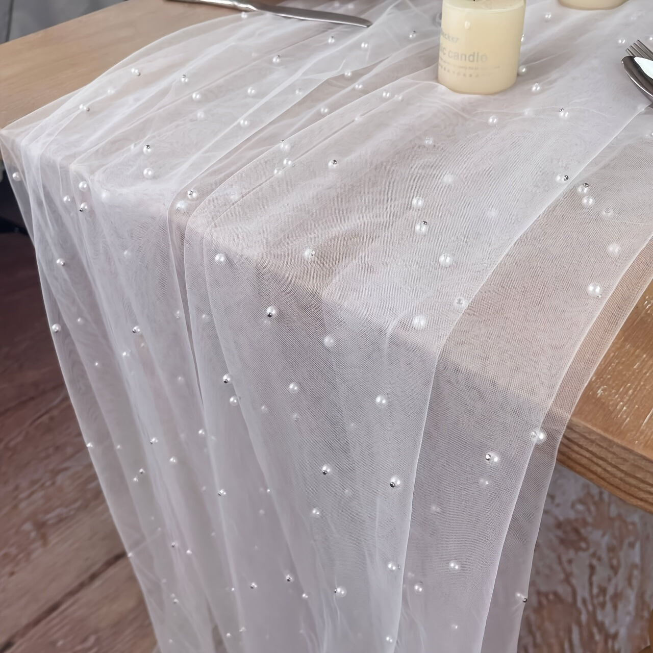 1pc, Pearl Table Runner, Wedding Arch Decor Table Wire, Bridal Shower Decoration Fabric, Romantic Pearl Lace Tablecloth For Event Embroidery, Clear Wrinkle-Proof White Dessert Tablecloth, Chiffon Tulle White