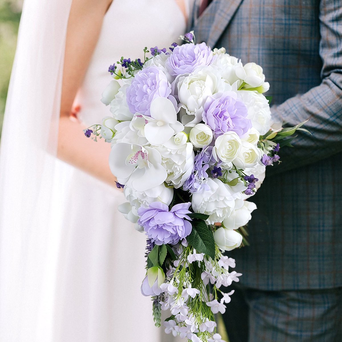 18" Elegant White & Purple Phalaenopsis Bridal Bouquet - Rustic Waterfall Cascading Artificial Flowers with Hydrangeas, Roses & Baby’s Breath for Weddings and Engagements, Wedding Bouquets for Bride