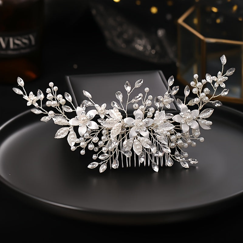 1PC Elegant Bridal Rhinestone and Floral Hair Comb