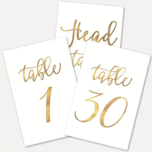 Golden Wedding Table Numbers Cards Set (1-30 + Head Table) - 4x6, Double Sided, Modern Calligraphy Foil Design, Best for Receptions and Parties