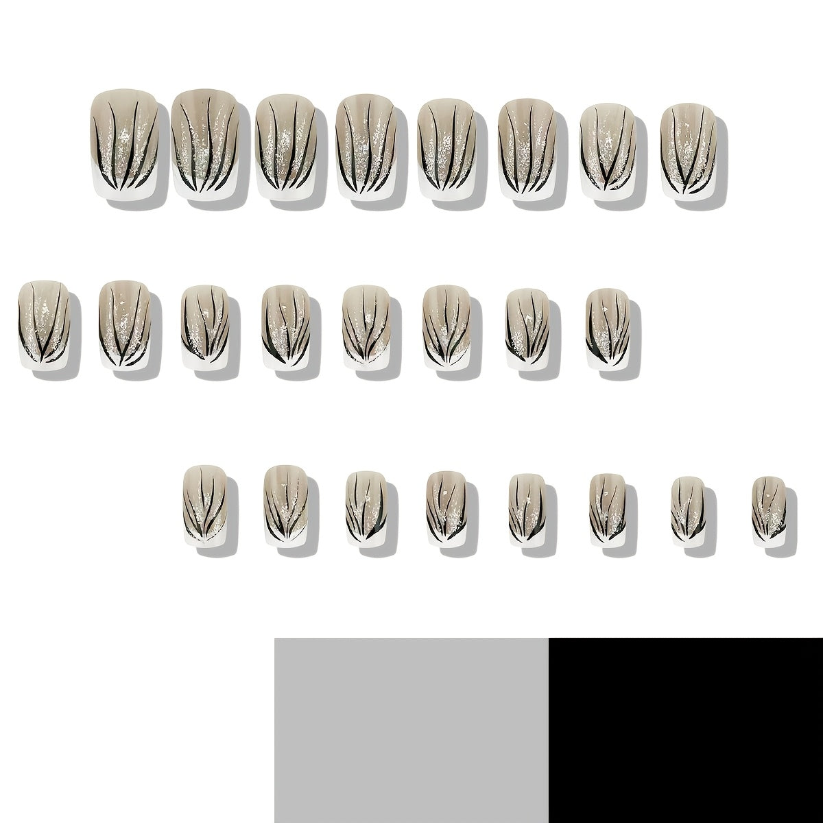 24pcs Medium Length French Tip Nail Set, Black Stripe and Silvery Glitter Design, Glossy Finish, Elegant Fashion Style False Nails