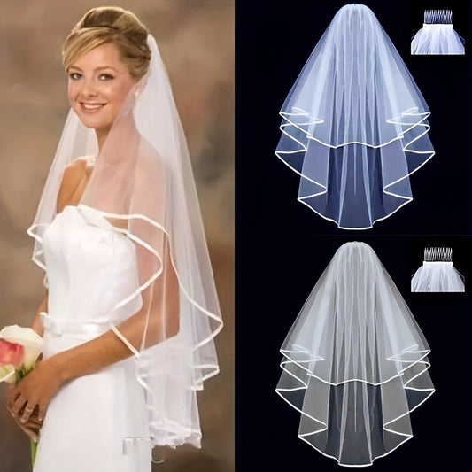 [Elegant Bridal Veil] Sheer White Elegant Double-Layer Bridal Veil - Non-Slip Wedding Accessory with Satin Ribbon & Hair Comb, Hand Wash Only, Perfect for Brides and Formal Events