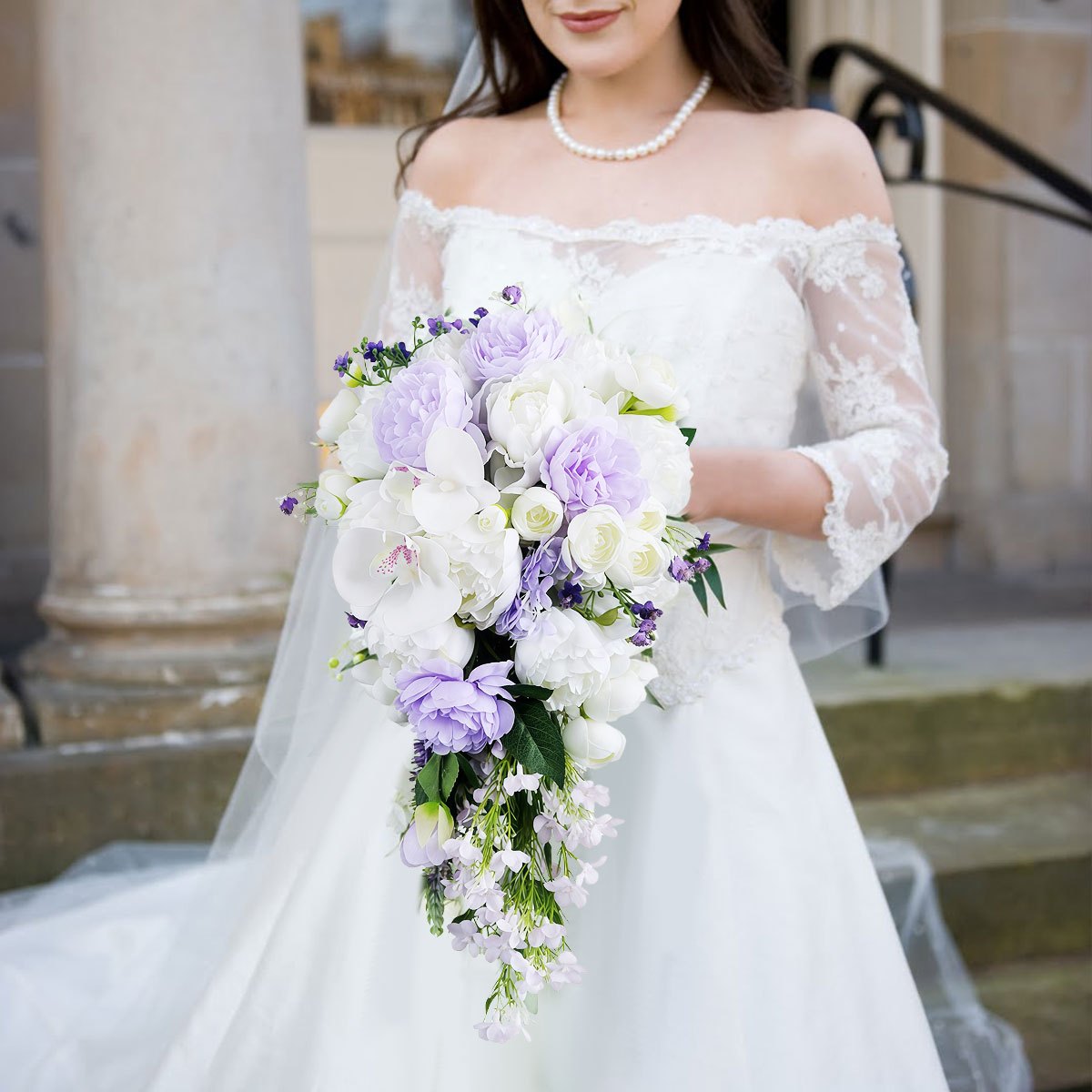 18" Elegant White & Purple Phalaenopsis Bridal Bouquet - Rustic Waterfall Cascading Artificial Flowers with Hydrangeas, Roses & Baby’s Breath for Weddings and Engagements, Wedding Bouquets for Bride