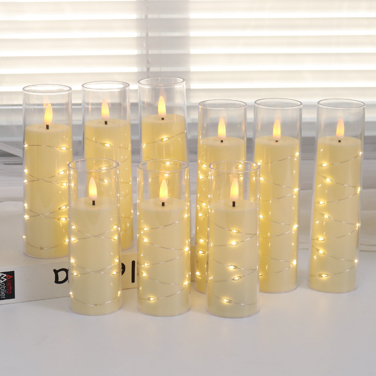 9/12 Flickering Flameless LED Electronic Candles Embedded Star String Lights Acrylic LED Pillar Candle with Remote Control Suitable for Home Decoration Halloween Christmas Decoration to create an ambience Christmas Gifts Vale