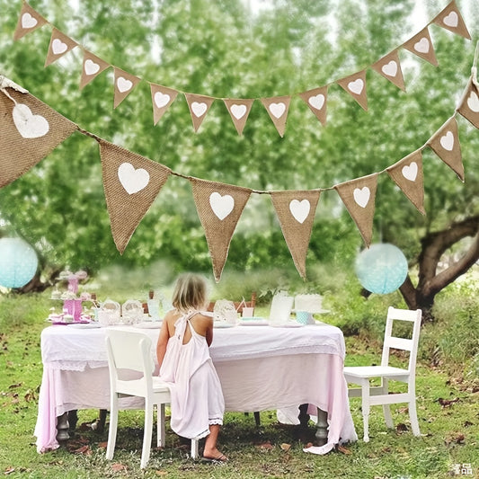 Rustic Burlap Triangle Flags - DIY Love Heart Decor for Outdoor Events, Holidays, and Celebrations