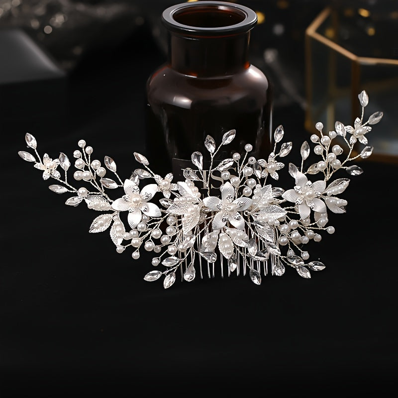 1PC Elegant Bridal Rhinestone and Floral Hair Comb