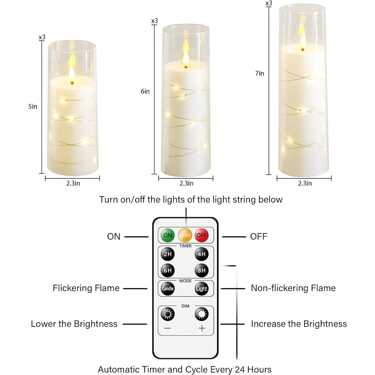 9/12 Flickering Flameless LED Electronic Candles Embedded Star String Lights Acrylic LED Pillar Candle with Remote Control Suitable for Home Decoration Halloween Christmas Decoration to create an ambience Christmas Gifts Vale