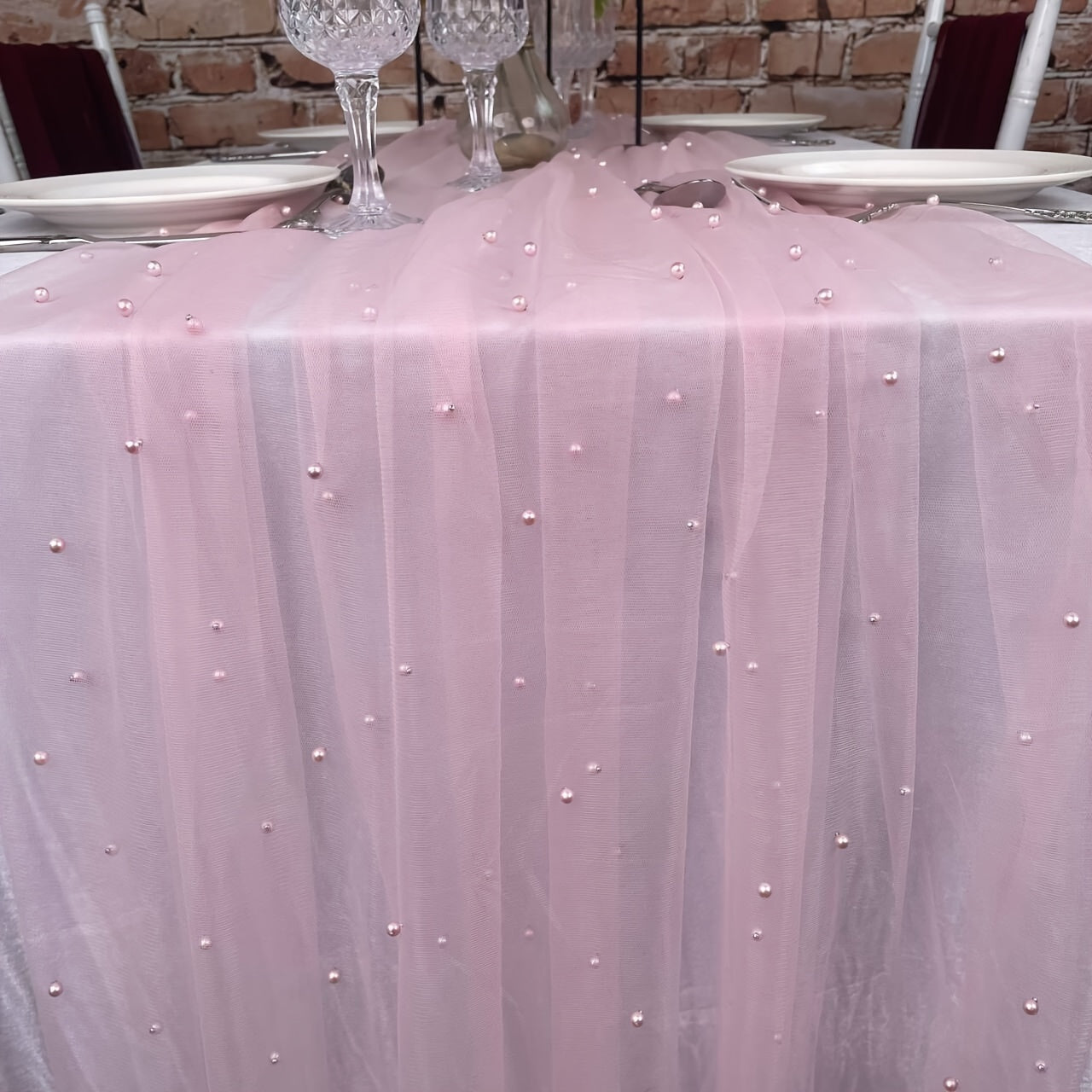 1pc, Pearl Table Runner, Wedding Arch Decor Table Wire, Bridal Shower Decoration Fabric, Romantic Pearl Lace Tablecloth For Event Embroidery, Clear Wrinkle-Proof White Dessert Tablecloth, Chiffon Tulle White