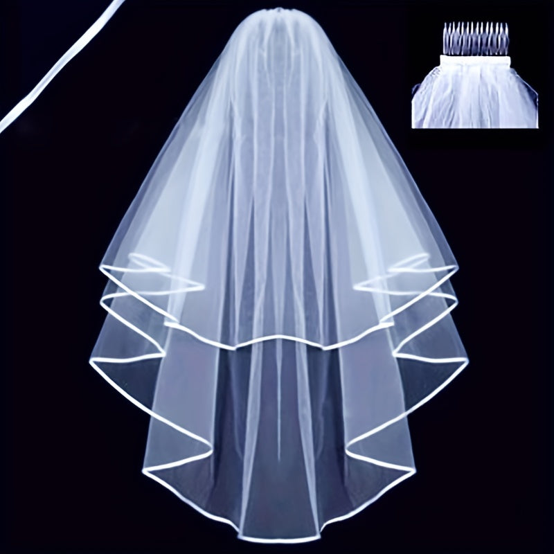 [Elegant Bridal Veil] Sheer White Elegant Double-Layer Bridal Veil - Non-Slip Wedding Accessory with Satin Ribbon & Hair Comb, Hand Wash Only, Perfect for Brides and Formal Events