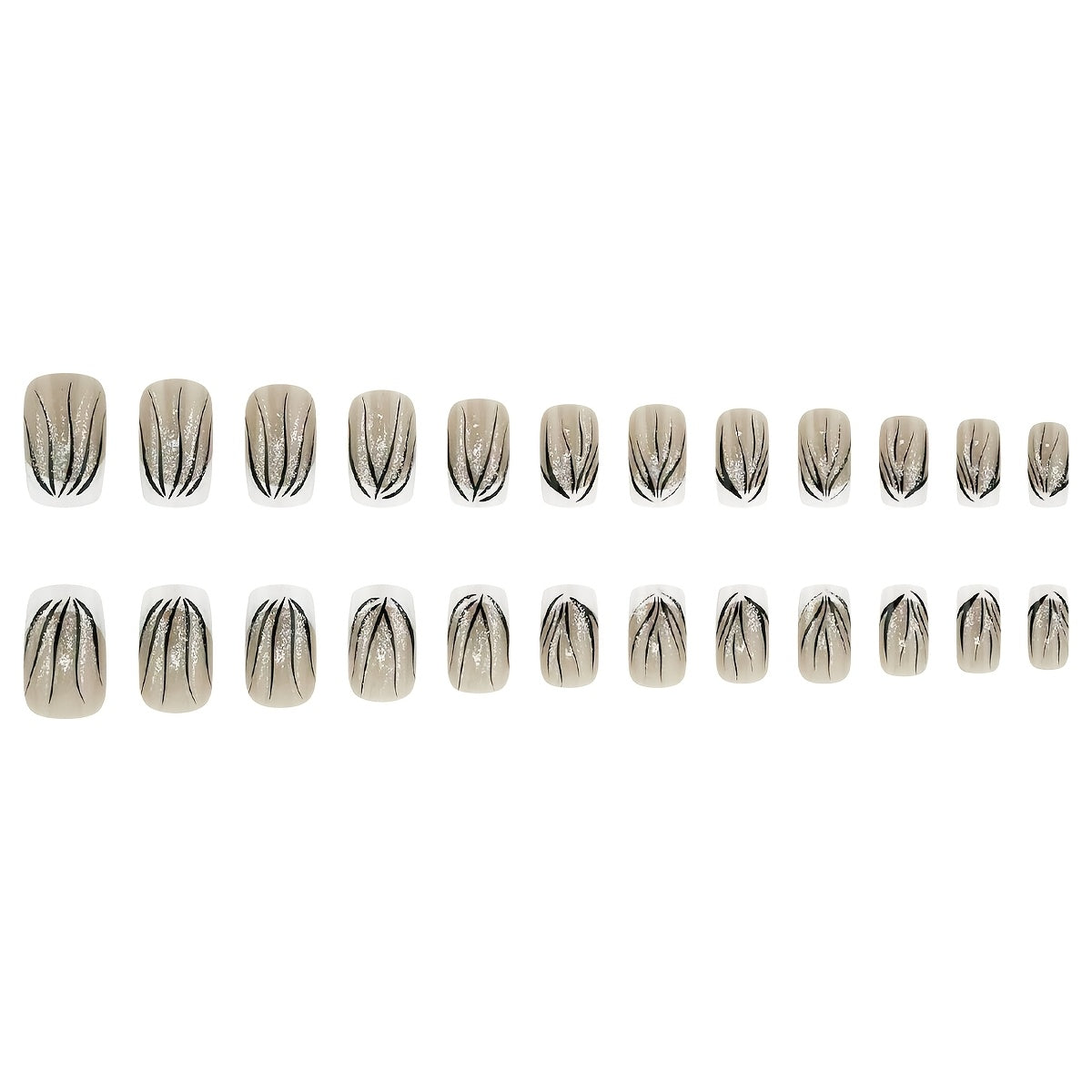 24pcs Medium Length French Tip Nail Set, Black Stripe and Silvery Glitter Design, Glossy Finish, Elegant Fashion Style False Nails