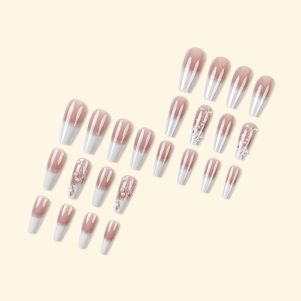 24pcs Glossy Ladder-Shaped Press-On Nails, Pink and White Gradient with Rhinestones, Reusable Ballet-Shape Long Fake Nails for Women