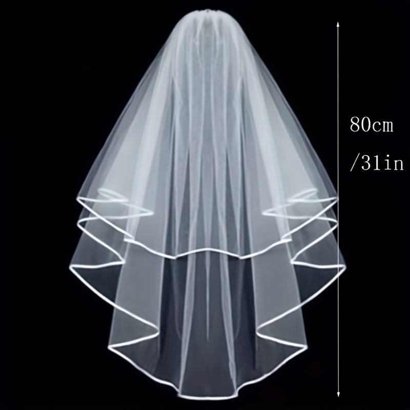 [Elegant Bridal Veil] Sheer White Elegant Double-Layer Bridal Veil - Non-Slip Wedding Accessory with Satin Ribbon & Hair Comb, Hand Wash Only, Perfect for Brides and Formal Events