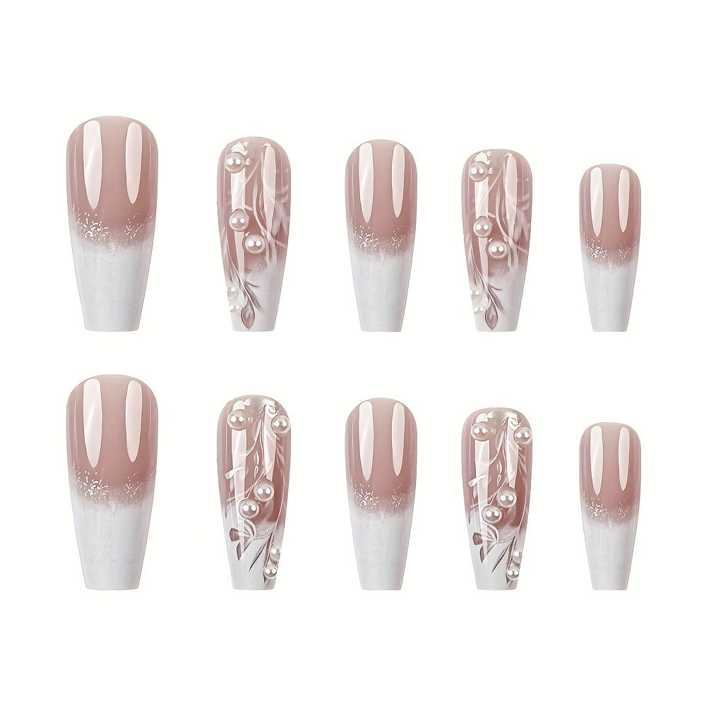 24pcs Pink Gradient Coffin Press-On Nails with Floral Design & Rhinestones - Glossy Long Ballet Shape, Full Cover Fake Nails for Women and Girls