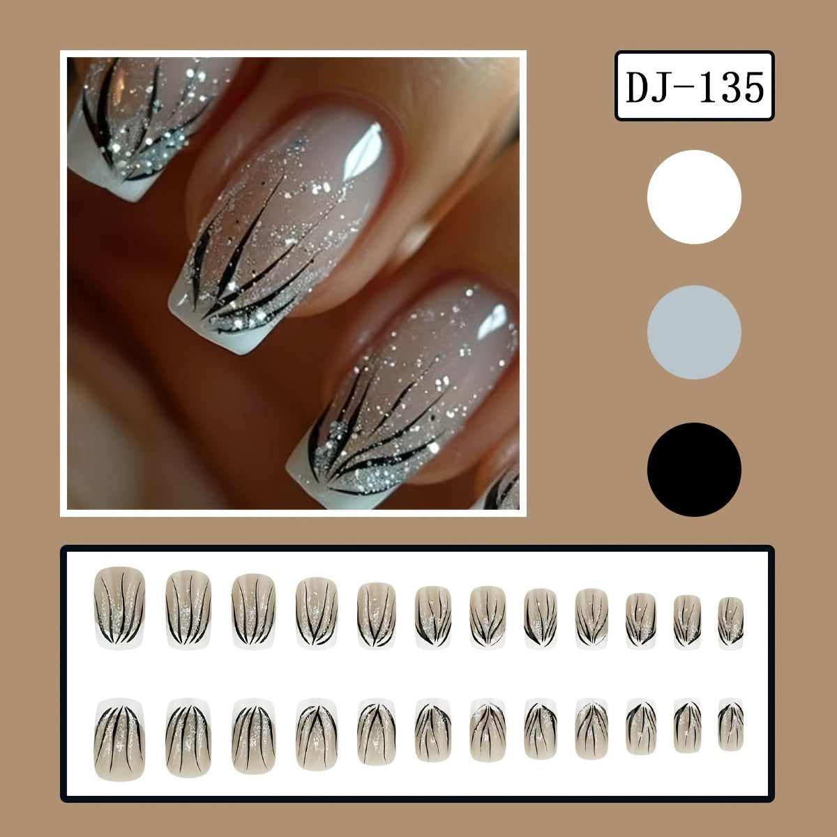 24pcs Medium Length French Tip Nail Set, Black Stripe and Silvery Glitter Design, Glossy Finish, Elegant Fashion Style False Nails