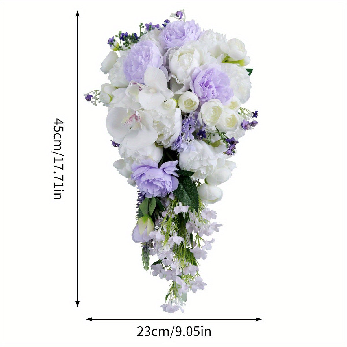 18" Elegant White & Purple Phalaenopsis Bridal Bouquet - Rustic Waterfall Cascading Artificial Flowers with Hydrangeas, Roses & Baby’s Breath for Weddings and Engagements, Wedding Bouquets for Bride