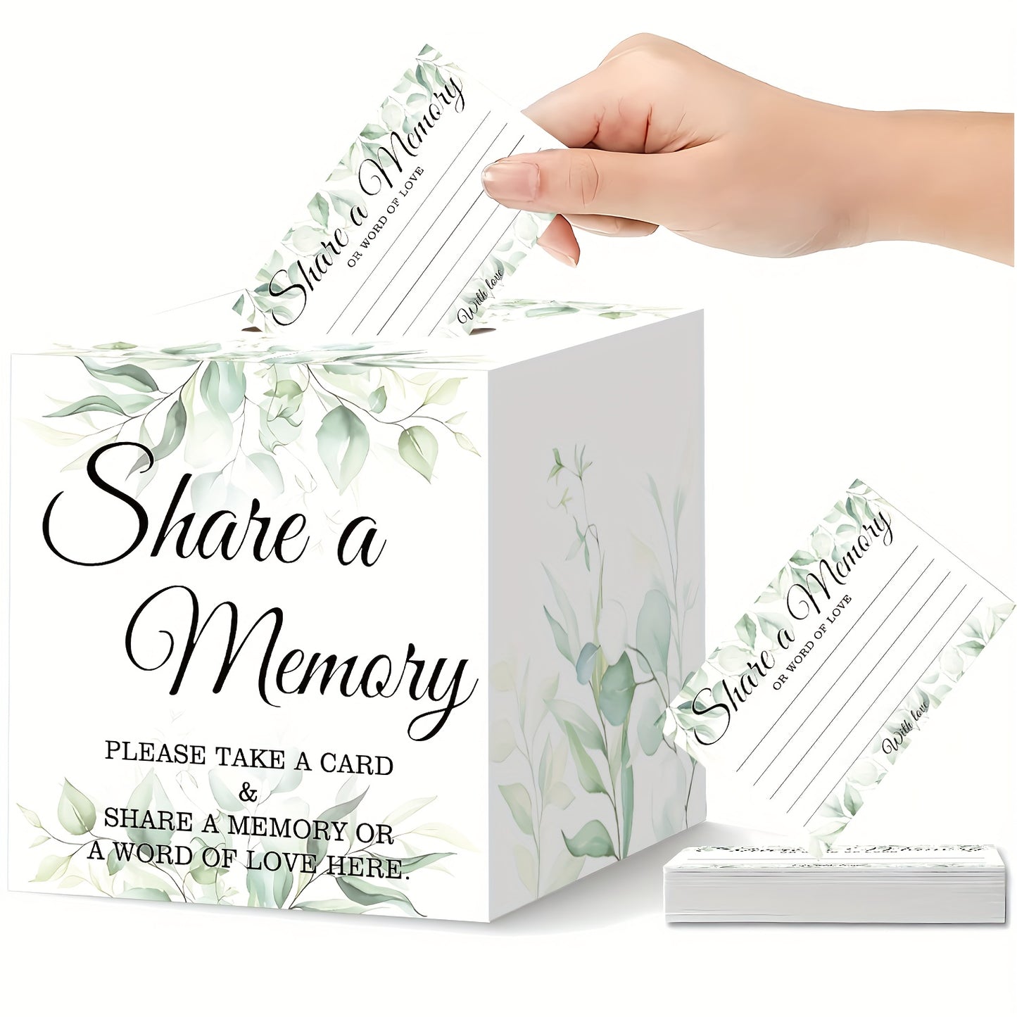 51-Piece Green Eucalyptus Leaf Memory Sharing Card Box Set - Versatile Paper Decoration for Life Milestones, Wedding, Bridal Shower, Birthday, Anniversary, Retirement Party Supplies, Guest Memory Card Box for Funeral, Graduat